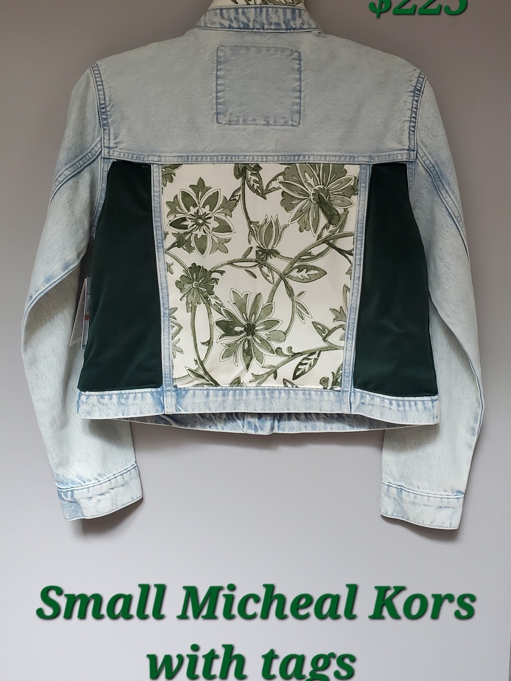 Custom Embellished Michael Kors Light Blue Denim Jacket with Green Floral Panel